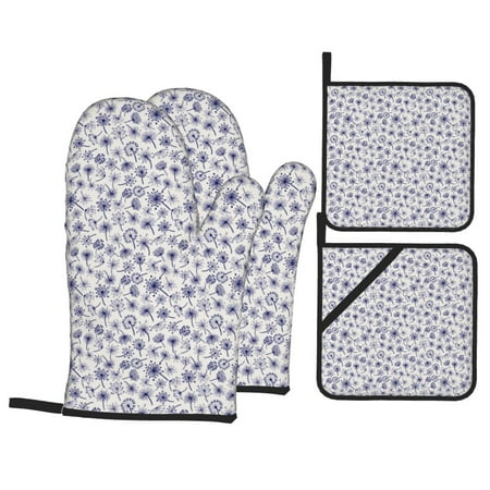 

Oven Mitts and Pot Holders Sets 4 pcs Blue Dandelion Non-Slip Oven Gloves Potholders Soft Quilted Lining Heat Resistant Gloves Hot Pads for Kitchen Cooking Baking