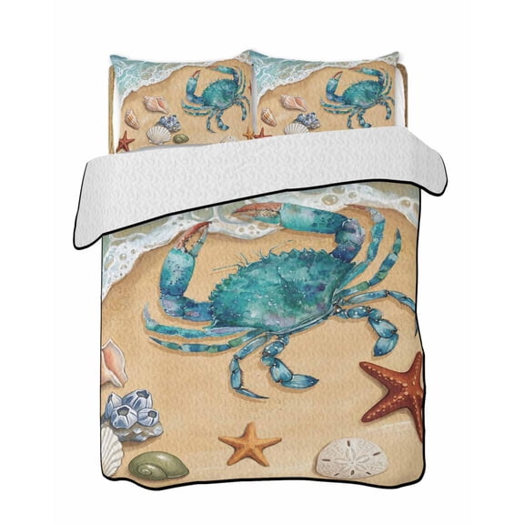 Quilt King Size Bedding Set, Crab Seaside Reversible Summer Quilt 3 Pieces, Coastal Waves Starfish Summer Beach Nautical Lightweight Bedspreads Coverlets with 2 Pillow Shams for All Seasons