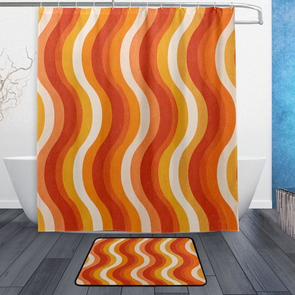 TTYFWHD 60" x 72" Shower Curtain and Bath Mat Set Sunny Orange Gradient Waves Waterproof Bathroom Curtain with 12 Hooks, Bathroom Decor Set