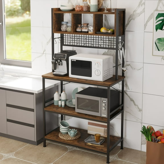 Ktaxon 70" Kitchen Baker's Rack with10 Hooks, Pantry Cart 5-Tier Storage Microwave Table Oven Stand Coffee Bar, Rustic Brown