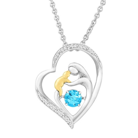 Duet 2/3 ct Natural Swiss Blue Topaz Dancing Mother & Child Pendant Necklace with Diamonds in Sterling Silver & 14kt Gold