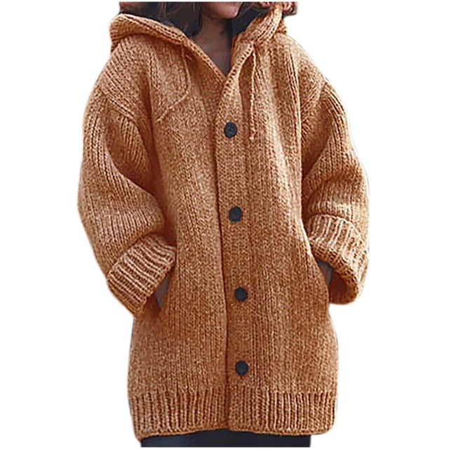 Suéteres para mujer Color sólido Bolsillo de un solo pecho Con capucha Suéter de punto cálido Abrigo Top Odeerbi ODB-3
