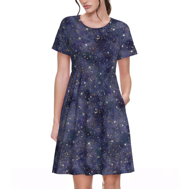 Fotbe Watercolor Indigo Vestido Largo de Moda para Mujer, Vestido Tipo Camiseta con Manga Corta y Estilo Casual a Rayas y Bloques de Color