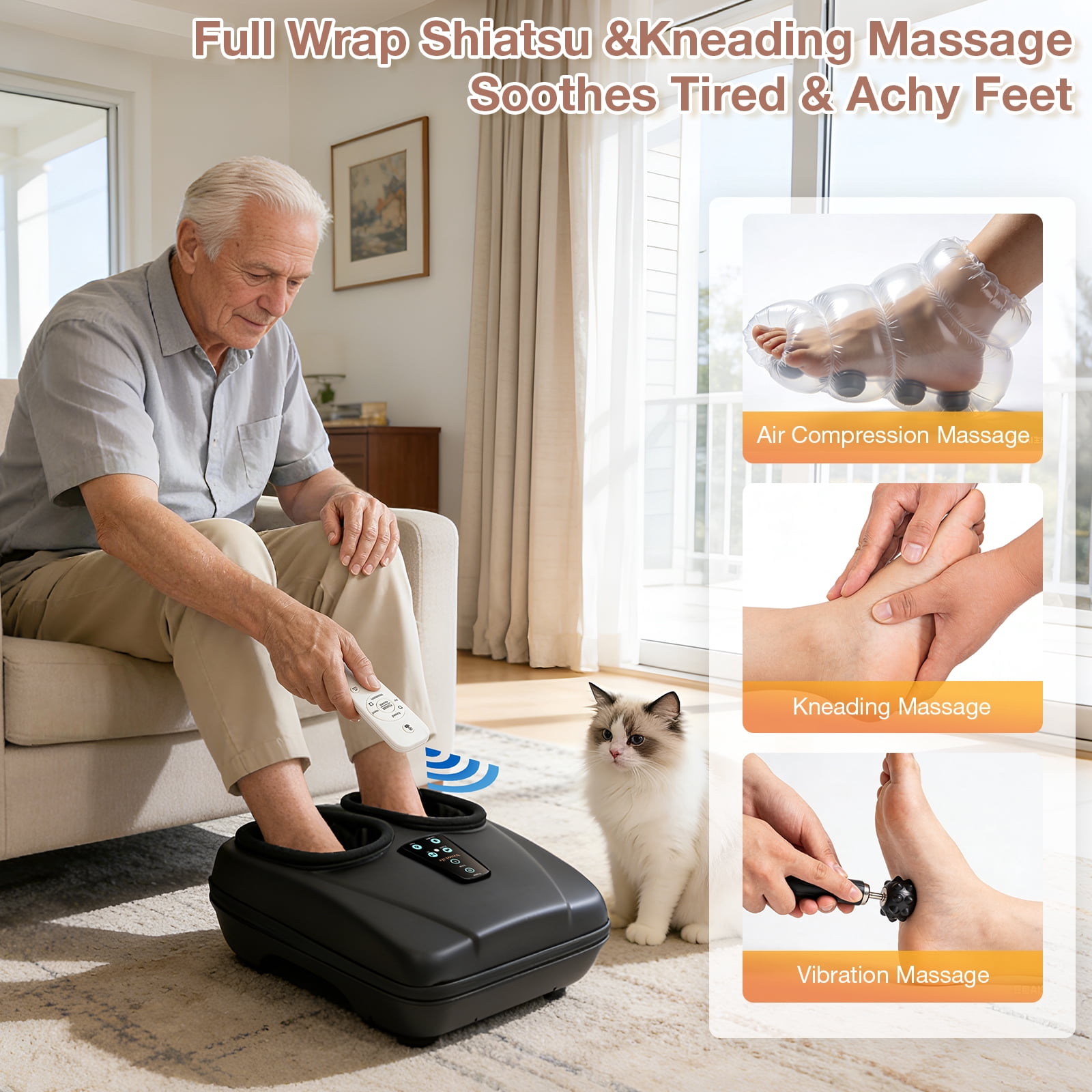 Shiatsu Foot Massager with Heat, Electric Foot Massager Machine for Plantar Fasciitis Neuropathy with Remote Control, Adjustable Vibration and Compression (Black)