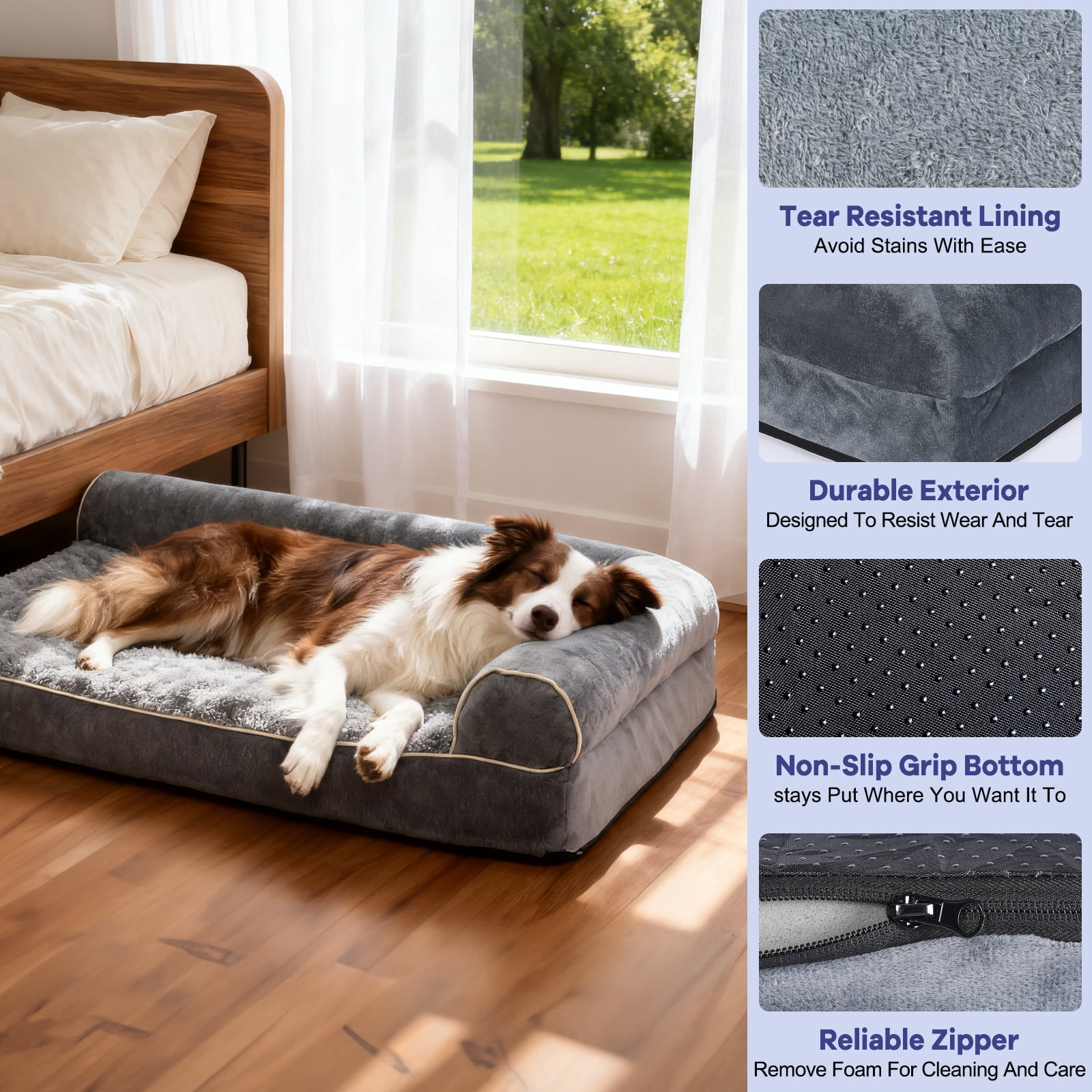 YUWENUS 40" Orthopedic Dog Bed for Large Dog, Waterproof Memory Foam Pet Bed, Non-Slip Bottom Dog Sofa with Washable Removable Cover, Grey