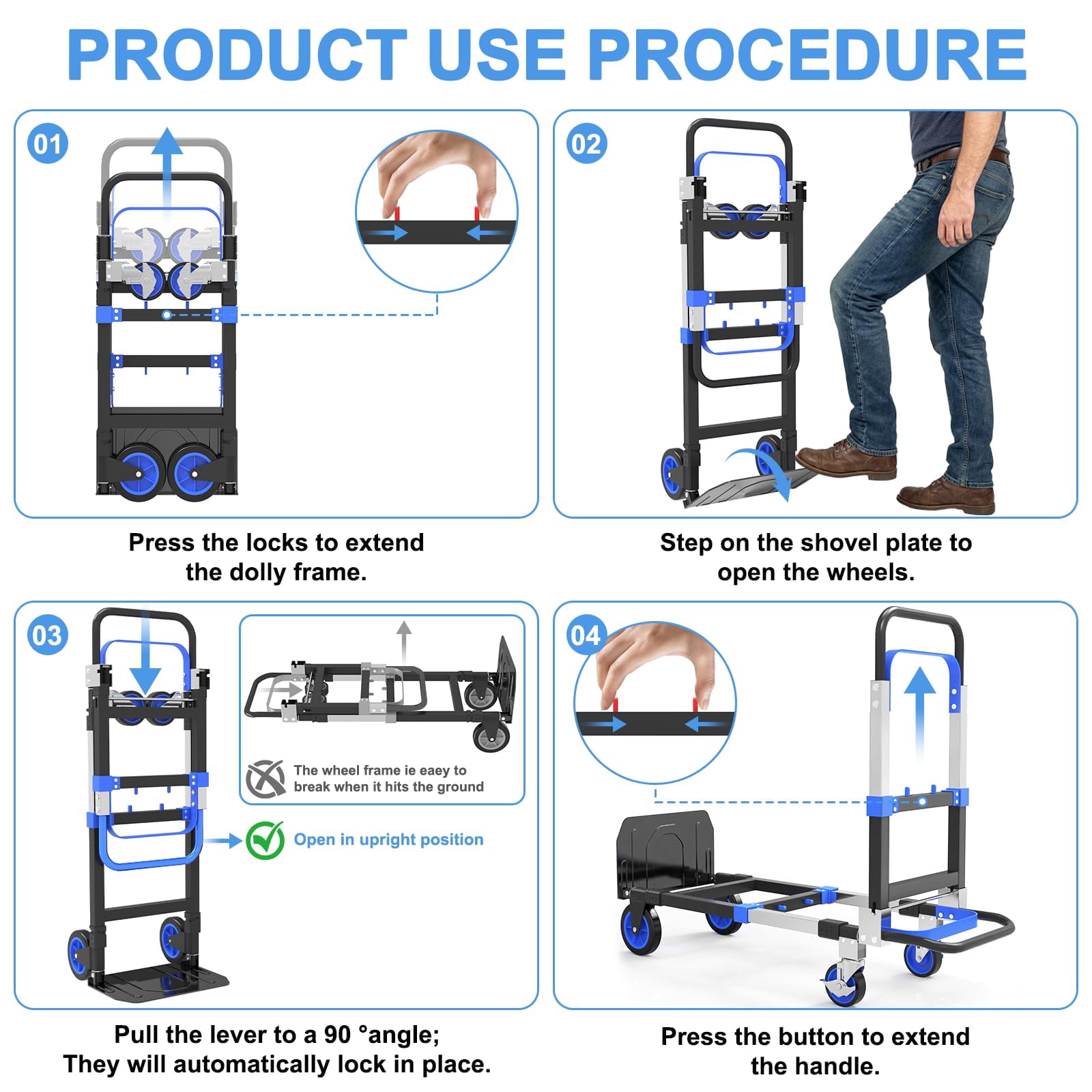 Yacona 3-in-1 Folding Hand Truck, Foldable Dolly Cart with Wheels Heavy Duty, Convertible Hand Cart for Moving with Retractable Handle, Blue