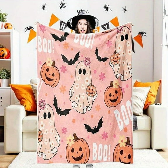 Pink Halloween Throw Blanket, Cute Spooky Ghost Pumpkin Bat Cozy Soft Blanket, Funny Pink Halloween Boo Flannel Baby Throw and Blankets Couch Sofa Bed Decor