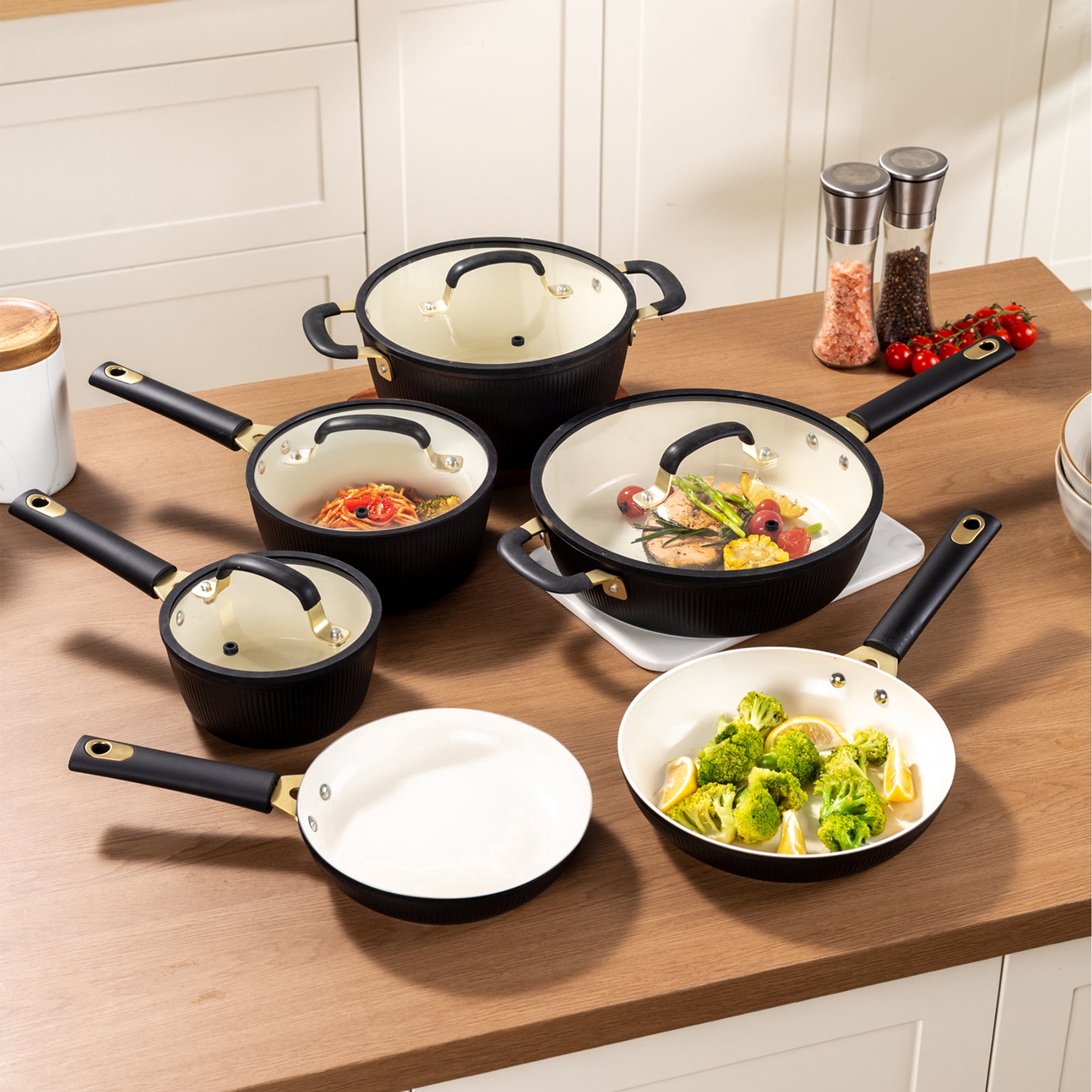 Mainstays Striped 10 Pcs Nonstick Ceramic Cookware Set Black