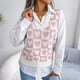 thumbnail image 2 of Suéter con cuello en V para mujer, chaleco con patrón de corazón dulce, sin mangas, suéter con dobladillo acanalado, prendas de punto informales, 2 of 8