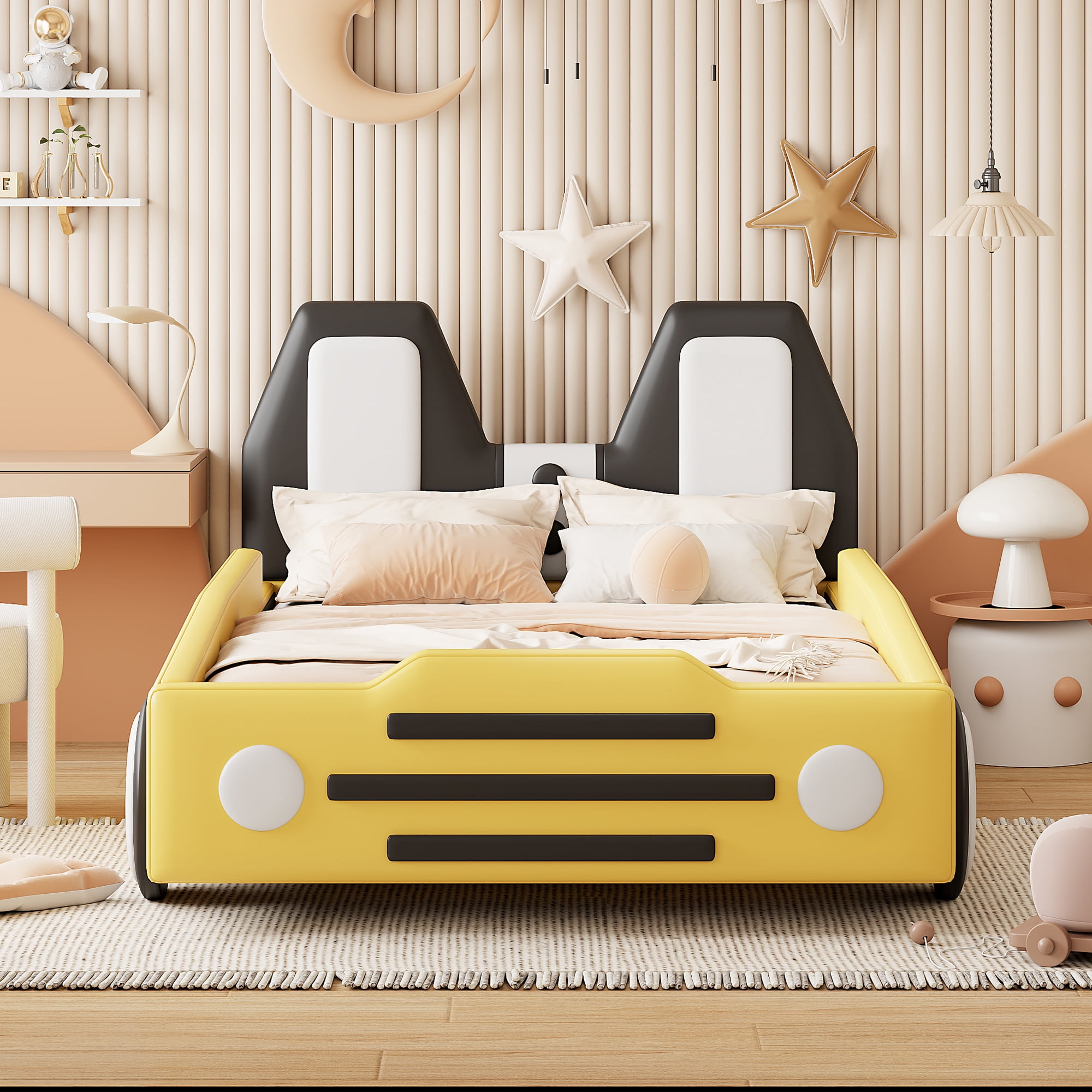 Bed Frame Twin Size Race Car-Shaped Platform Bed with Wheels,Yellow