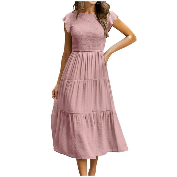 Women's Flutter Short Sleeve Smocked Midi Dress Summer Casual Tiered A-Line Dress Bohemian Beach Sundresses