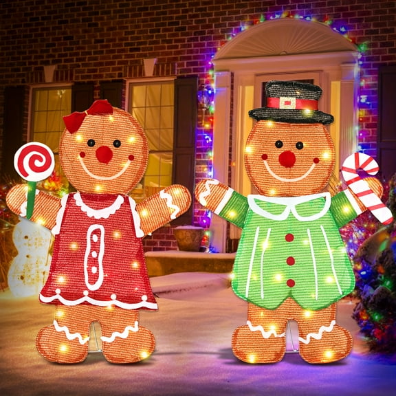 Set Of 2 Lighted Gingerbread for Man Christmas Decorations, 27 Inch Pre-Lit Light Up Gingerbread Couple with Candy Cane & Lollipop 50 LED for Xmas Indoor Outdoor Yard Lighted Holiday Displays
