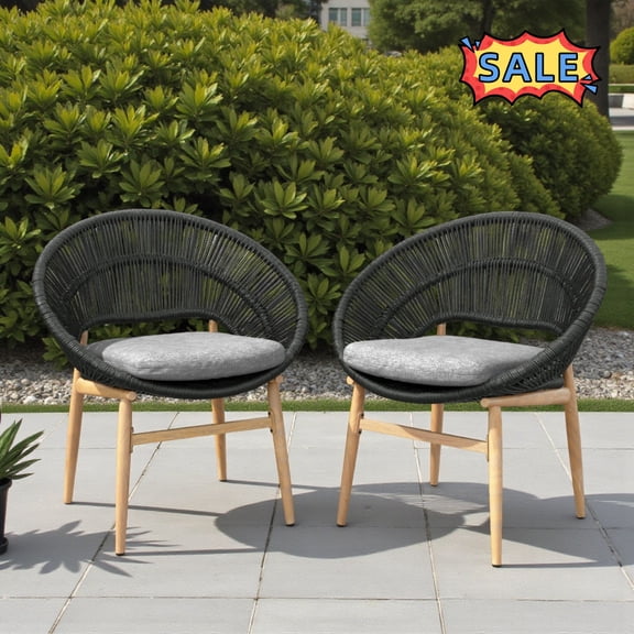 Tcbosik 2 Pack Lounge Chairs for Outdoor, Wicker Chair with Cushion, Papasan Style Dining Chair with Metal Frame for Patio, Garden, Backyard, Dark Gray & Teak