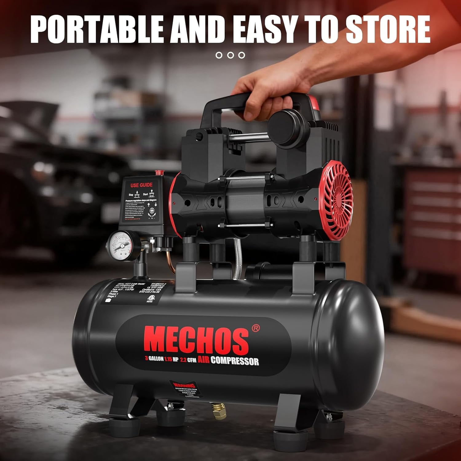 Baotree 3-Gallon Portable Air Compressor, oil-free, 70-decibel quiet operation, suitable for garage and home use, tire inflator
