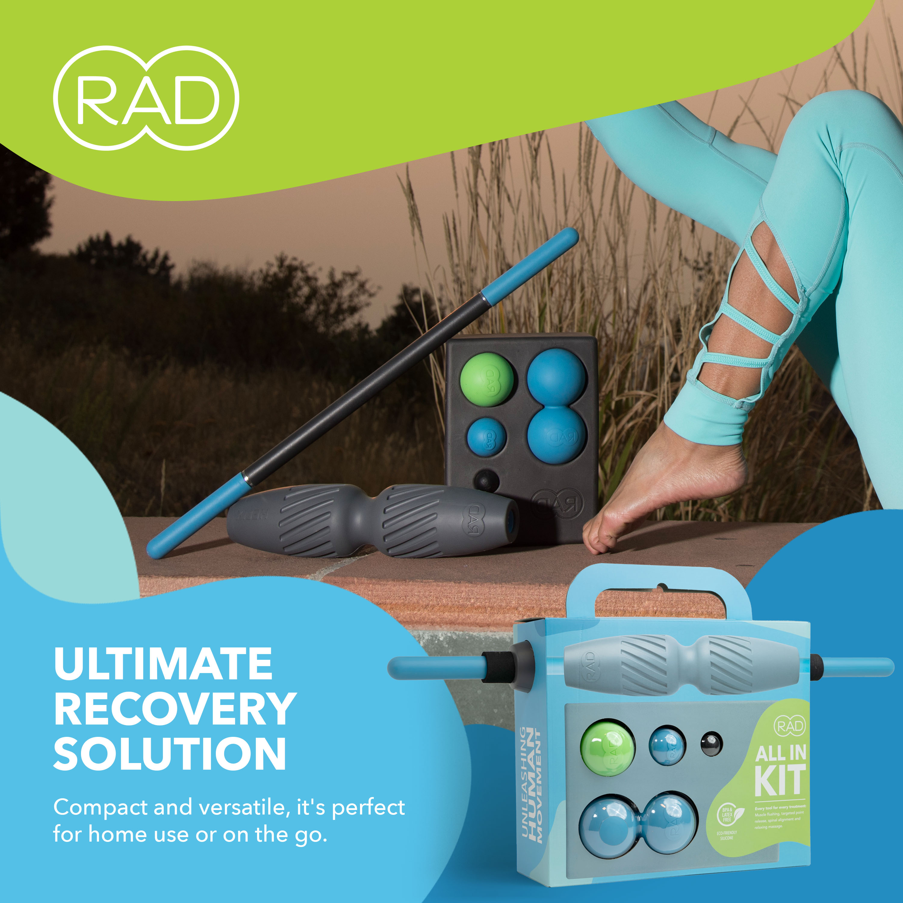 RAD All-in Kit – Foam Roller Set for Whole Body Massage & Myofascial Release – 7-in-1 Kit with Roller Stick, Yoga Block, Massage Balls