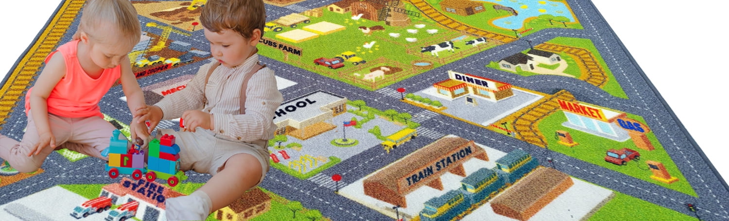 KC CUBS Playtime Collection Country Farm Road Map With Construction Site Educational Learning Area Rug Carpet For Kids and Children Bedroom and Playroom (3' 3" x 4' 7")