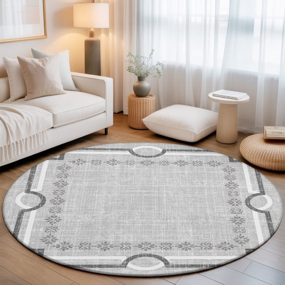 Gray Farmhouse Round Living Room Rugs 8 ft, Linen Texture Geometric Lines Floral Boho Washable Large Area Rug with Non-Slip Sturdy Edge Binding Round Carpet for Dining Room Kitchen Office