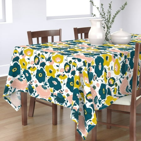 

Cotton Sateen Tablecloth 90 Square - Garden Floral Navy Leaves Blossoms Vintage Botanical Orange Print Custom Table Linens by Spoonflower