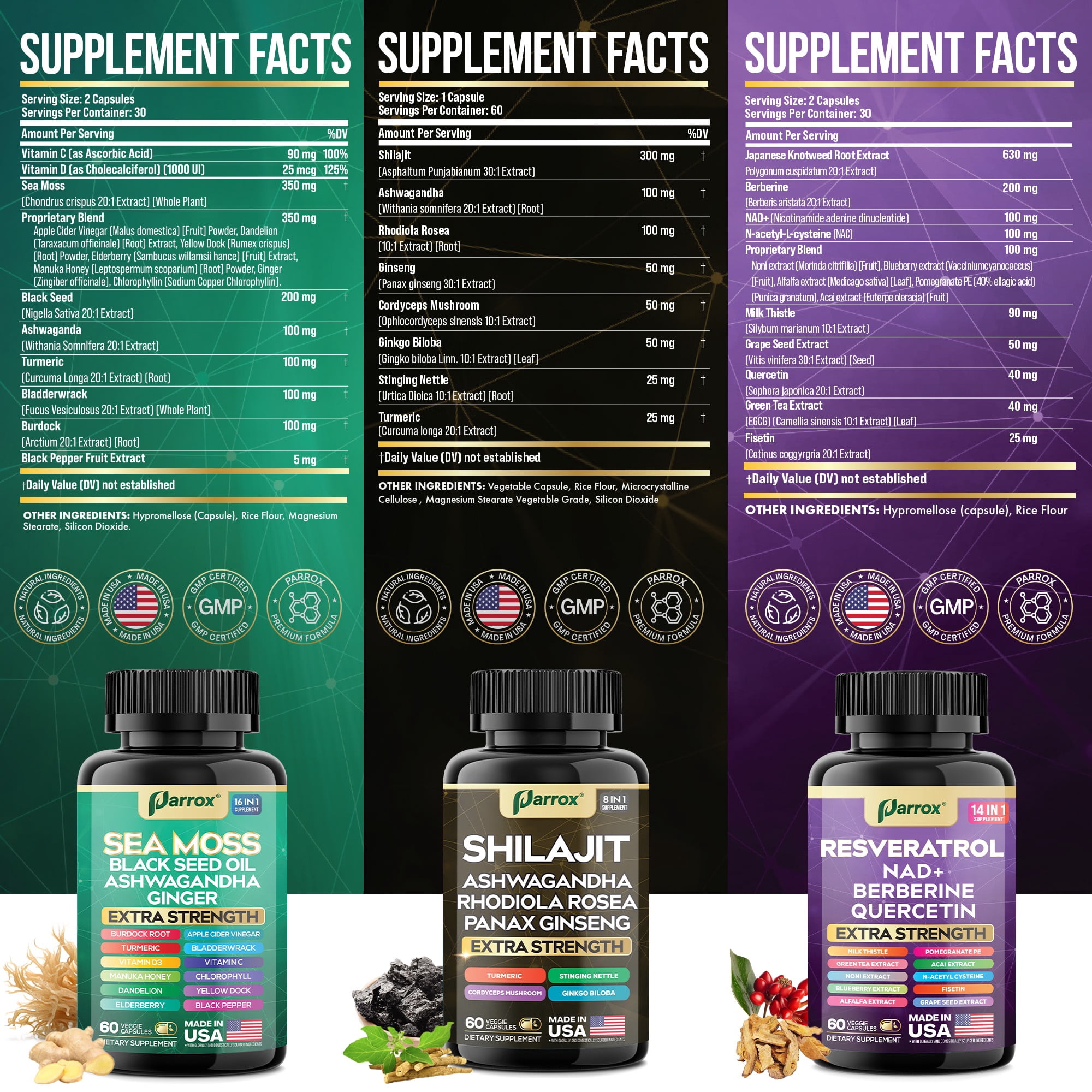 Parrox Advanced Wellness Trio - Sea Moss, Black Seed Oil, Ashwagandha, Burdock Root, Resveratrol, NAD+, Quercetin, Berberine, Grape Seed Extract, Panax Ginseng,Ginkgo Biloba, Rhodiola Rosea, Turmeric