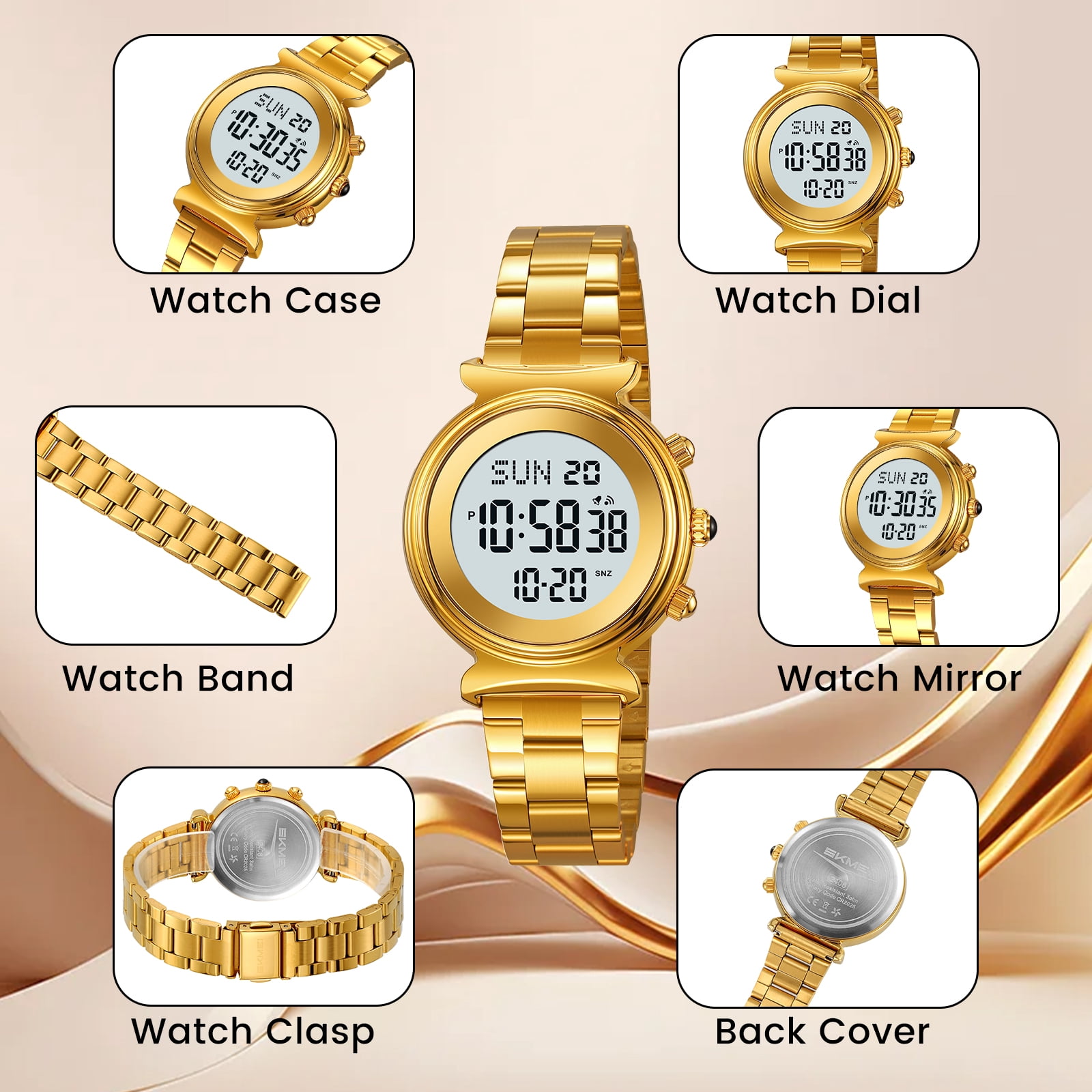 SKMEI Women Digital Watch Waterproof Dual Time Date LED Watch Ladies Business Wristwatch Stainless Steel Watch for Women