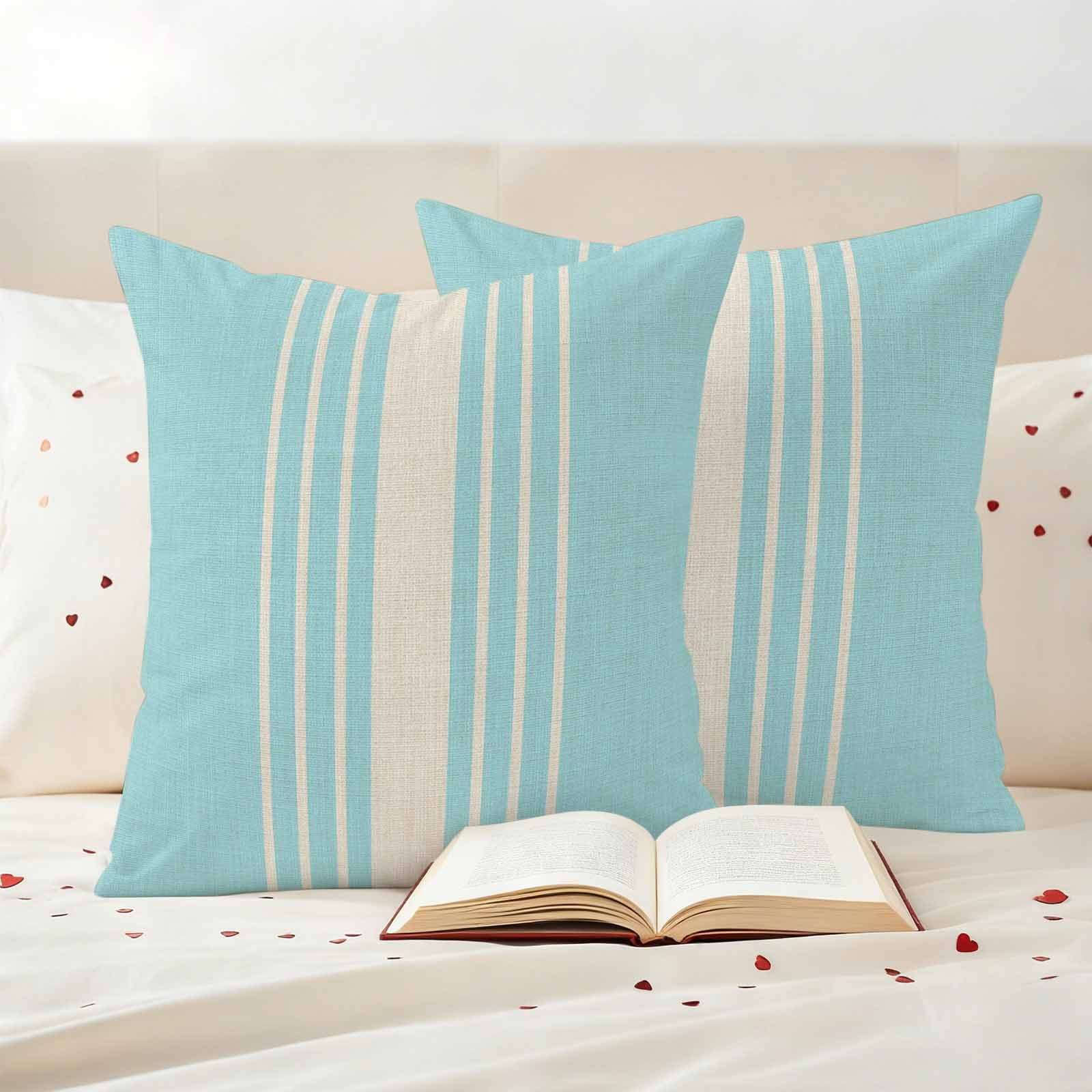 Aqua Beige Striped Outdoor Waterproof Pillow Covers, Modern Farmhouse Retro Lines Decorative Square Throw Pillowcase Sofa Cushion Sham for Patio/Couch/Chair, 26"x26" 2 Pack