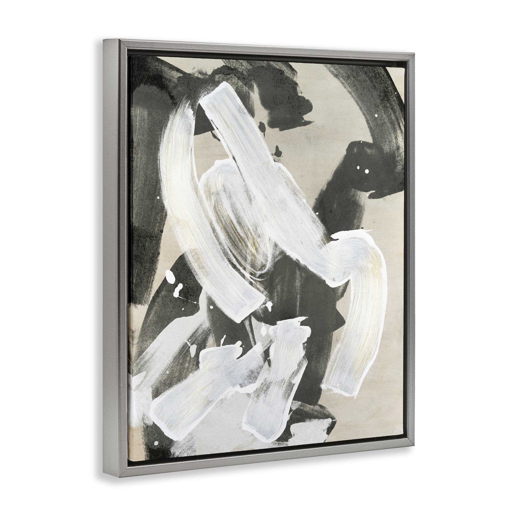 Stupell Industries Chaotic White Paint Streak Abstract Painting Gray Floater Framed Canvas Art Print Wall Art, 17 x 21