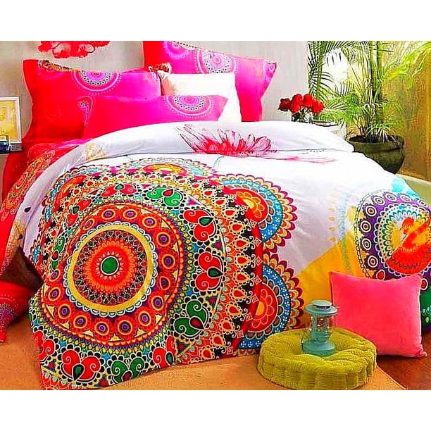 Boho Rojo Azul Rosa 100% Algodón Espeso Ropa de Cama Set Funda Nórdica Sábana Almohada