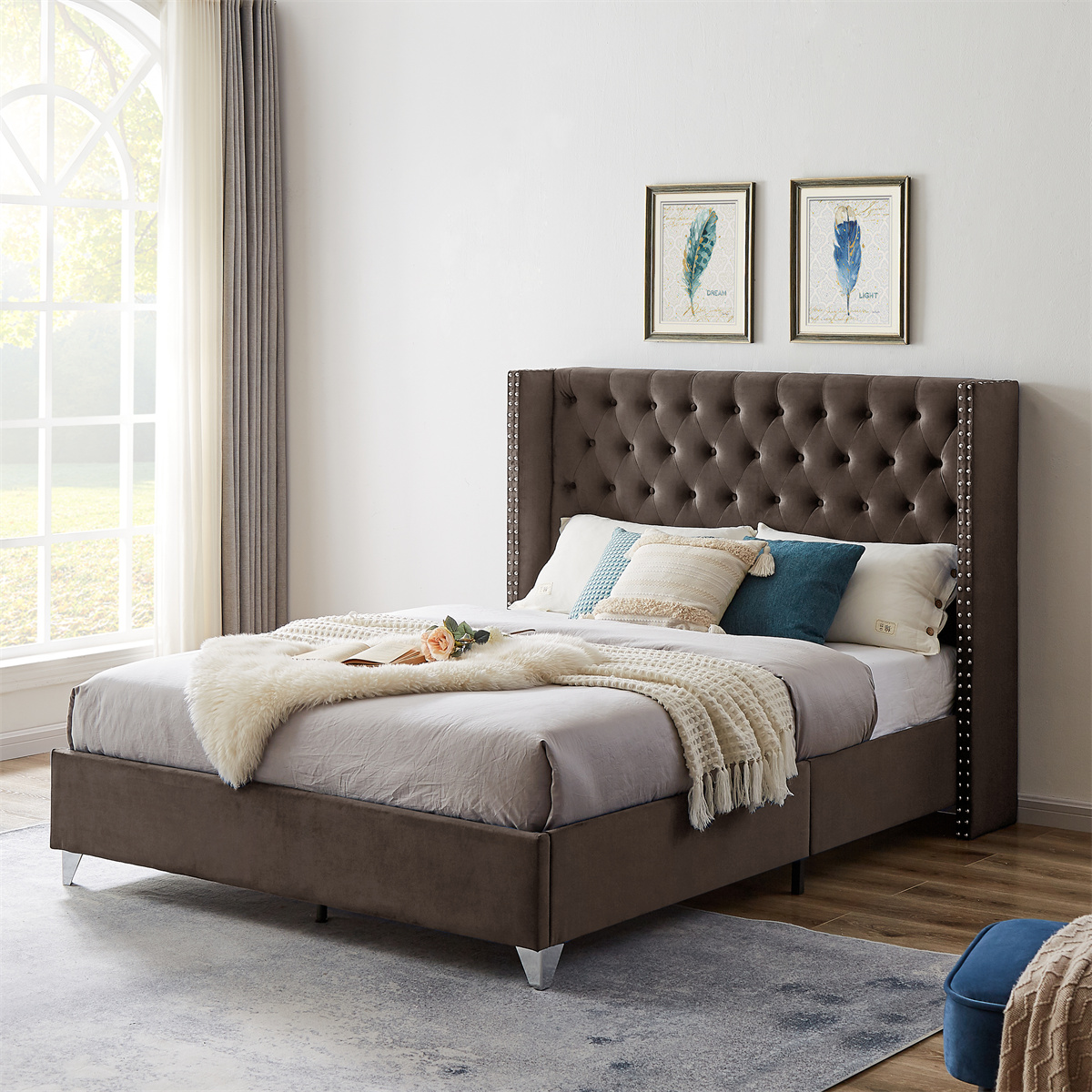 Jennie tufted upholstered low deals profile platform bed