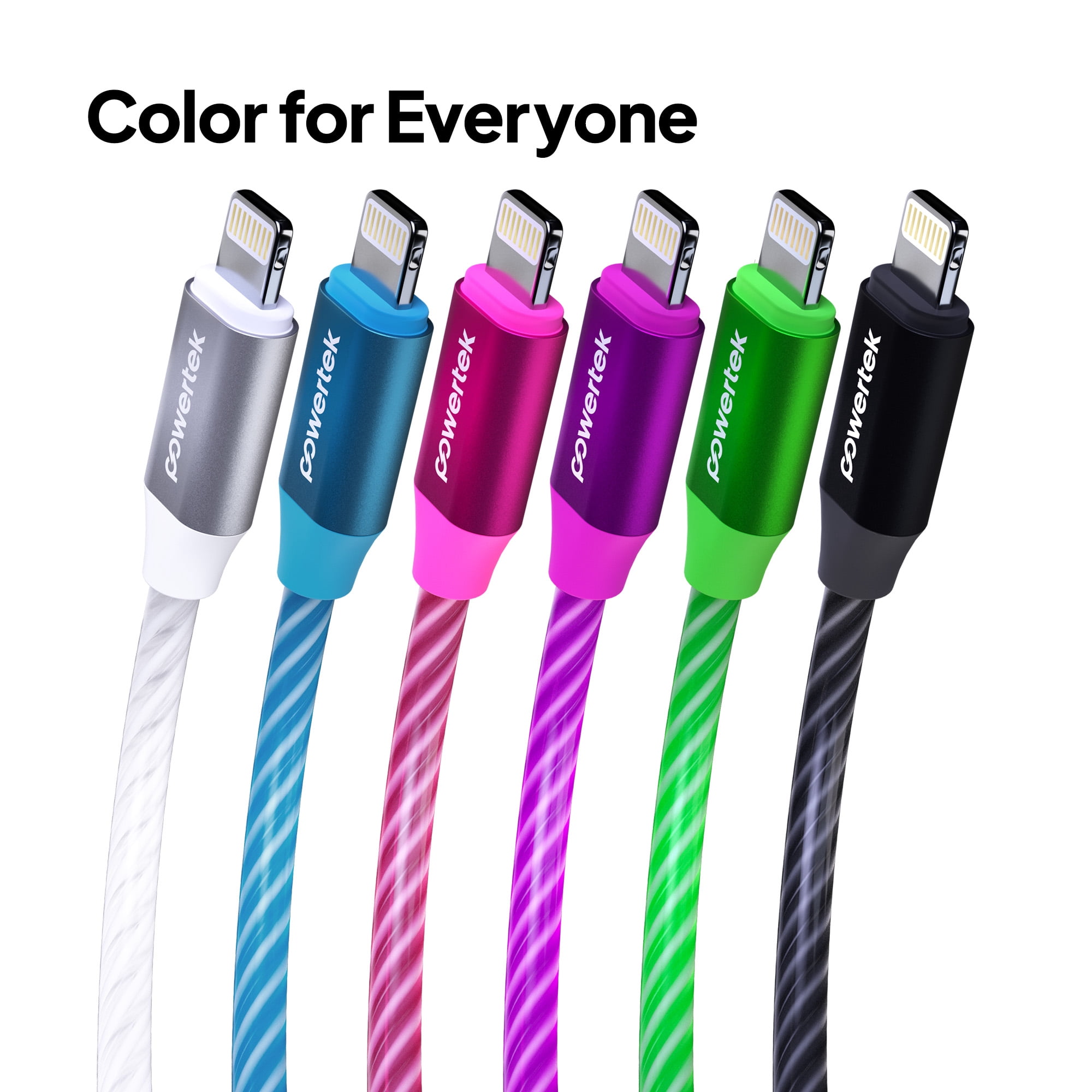 Powertek MFi-Certified Light-Up USB-A to Lightning Charging Cable, 5 ft, White