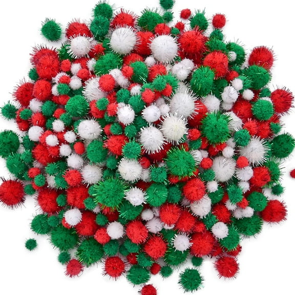 1200 Pieces Christmas Glitter Pompoms Assorted Pom Poms Crafts Fuzzy Balls for DIY Arts Craft Making Decorations (Red, White, Green) Red, White, Green