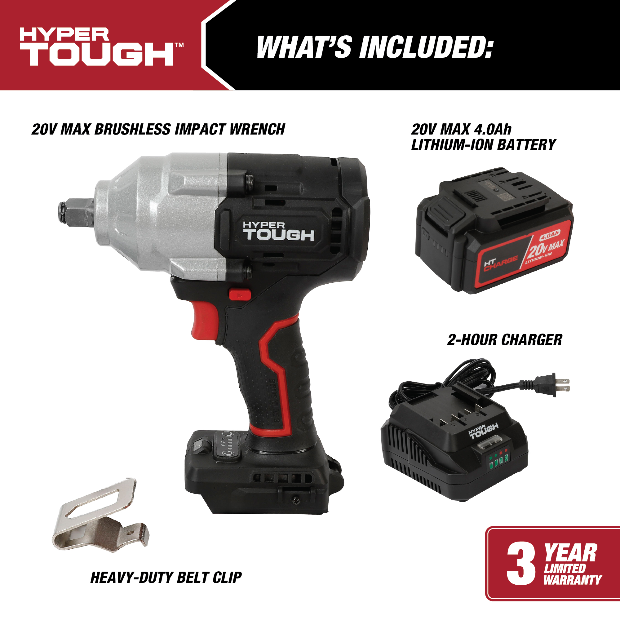 Llave de Impacto Inalámbrica de 1/2 Pulgada y Torque Medio sin Escobillas de 20V Max con Batería de Iones de Litio de 4.0Ah y Cargador Hyper Tough 4