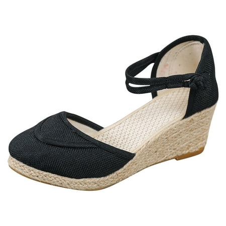 

Sandals Women Slope Heel Breathable Shoes Linen Black 38