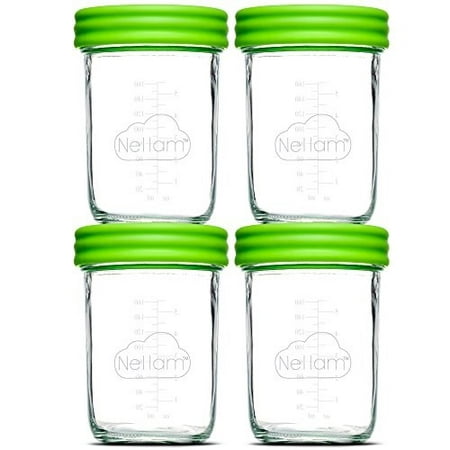 Nellam Baby Food Storage Containers - Leakproof, Airtight, Glass Jars for Freezing & Homemade Babyfood Prep - Reusable, BPA Free, 4 x 8oz Set, that is Microwave & Freezer