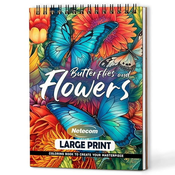 Netecom Large Print Butterflies and Flowers Coloring Book Spiral Bound For Adults, A5 Wooden Cover, 30 Charming Coloring Pages of Beautiful Butterfly and Floral for Stress Relief and Relaxation