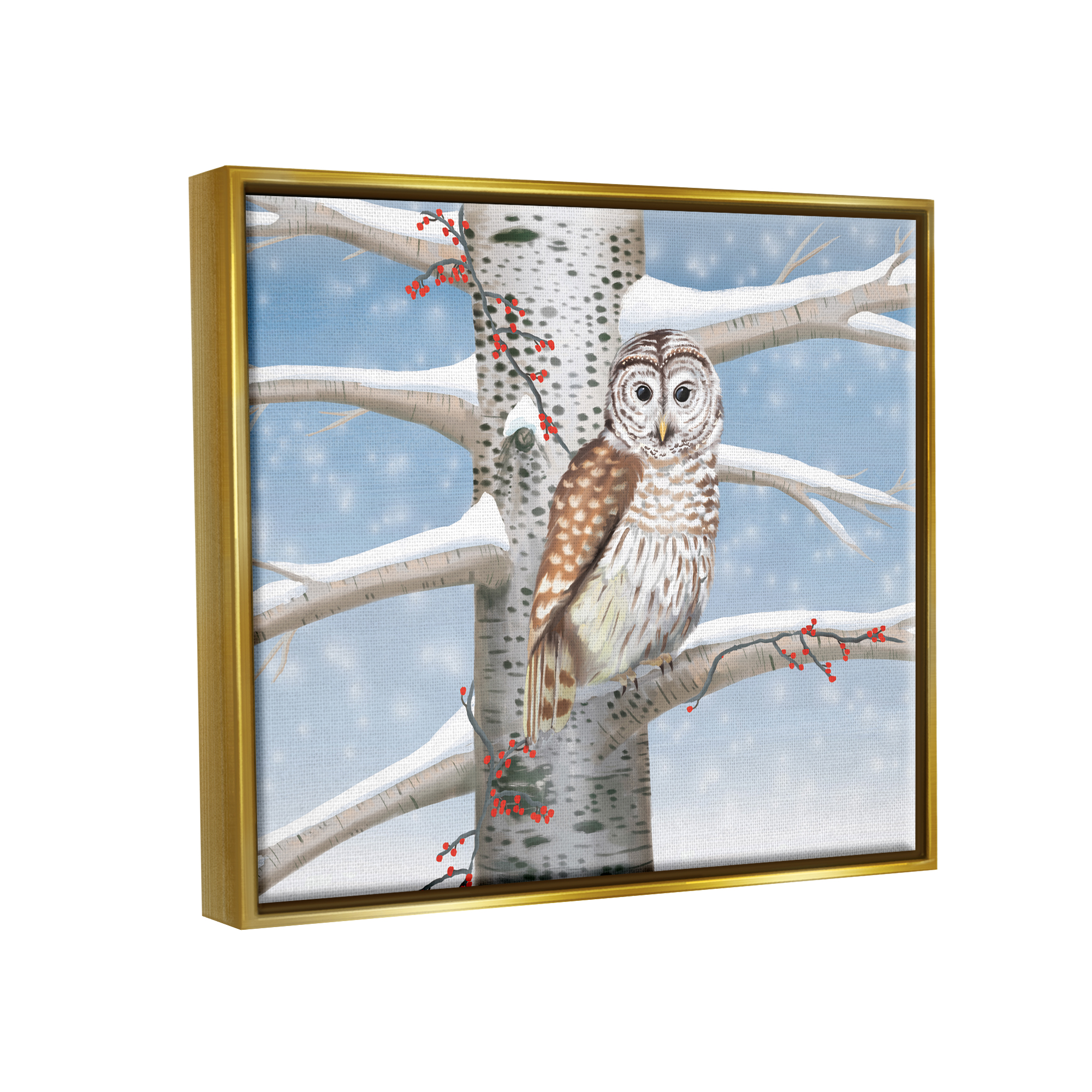 Stupell Industries Snowy Birch Tree Owl Holiday Painting Gold Floater Framed Art Print Wall Art