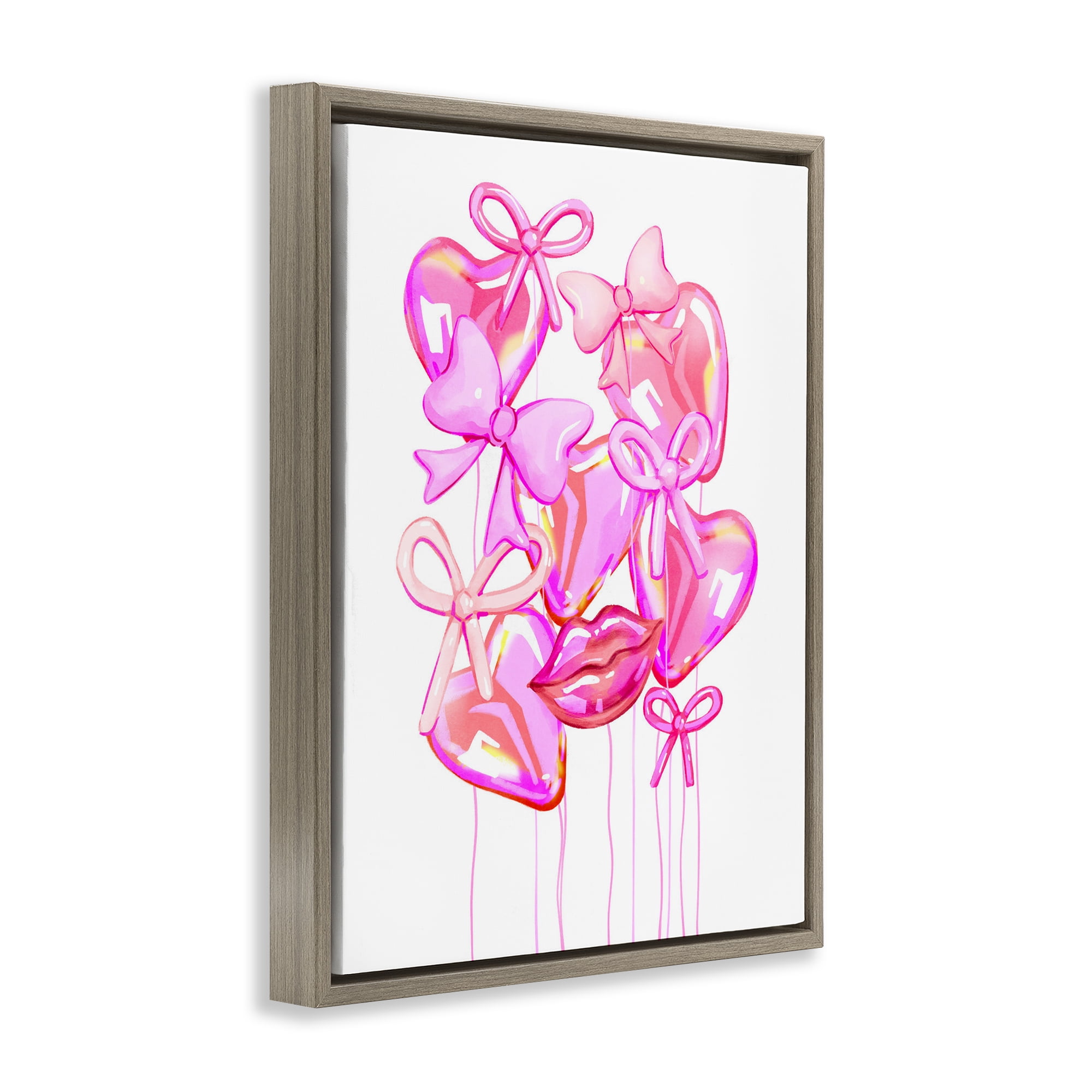 Pink Heart and Bow Balloons Brown Framed Floater Canvas Wall Art, design by Ziwei Li