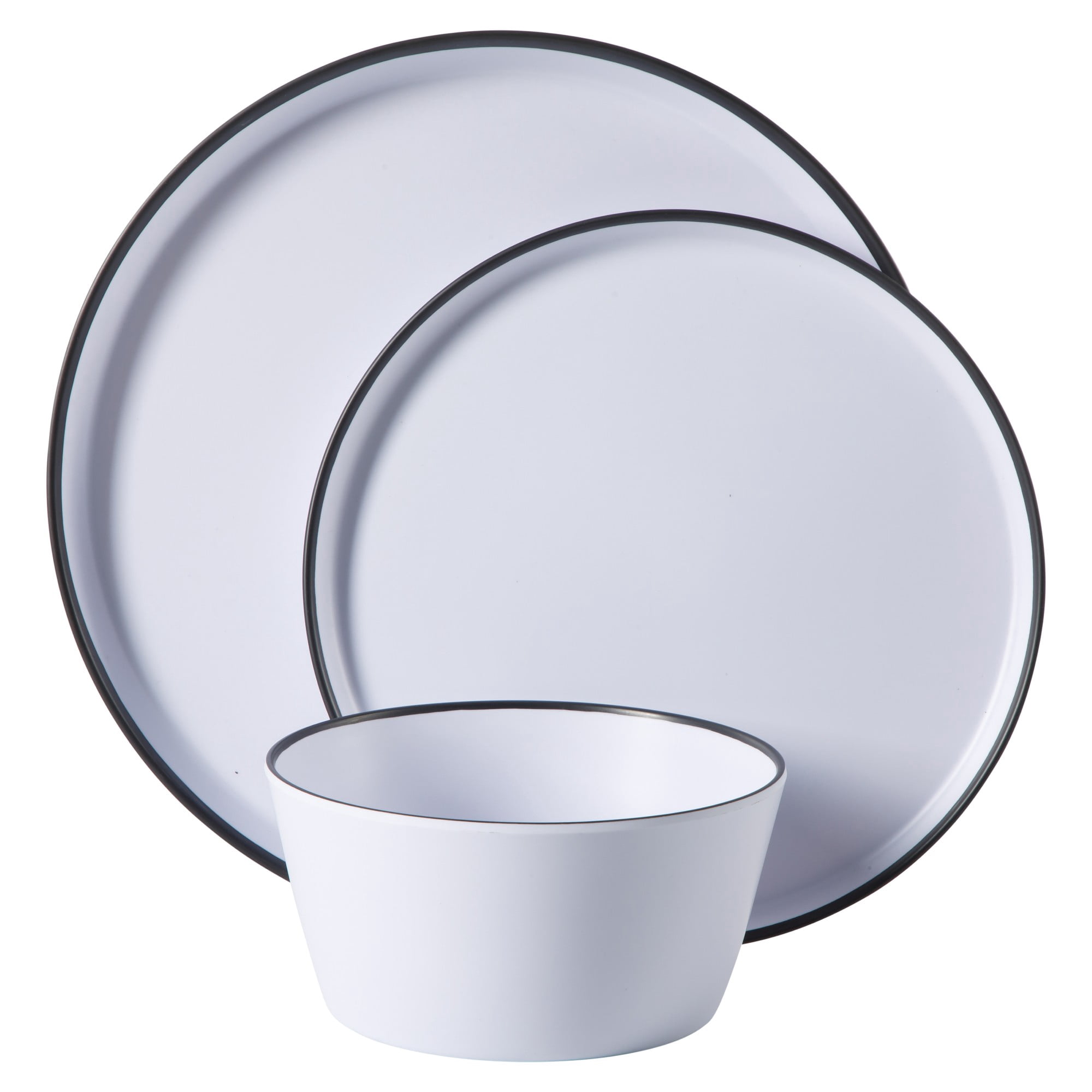 Gibson Home Folsom Shores 12 Piece Unbreakable Modern Melamine Plates and Bowls Dinnerware Set - Outdoor, Camping, & Everyday Use - White W/ Black Rim