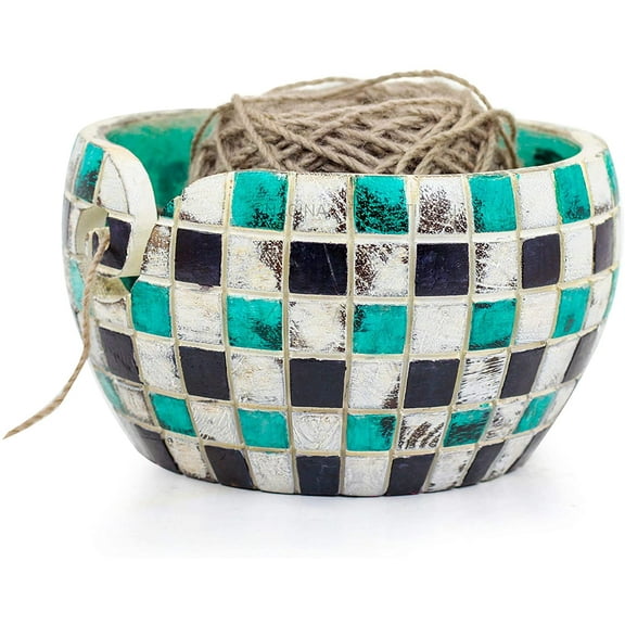 Nagina International Exquisite Premium Yarn Ball Storage Bowls | Hand Painted Lovely Decor Yet Functional Yarn Dispenser (Small (6 x 3 x 6 Inches), Tiled Junk)