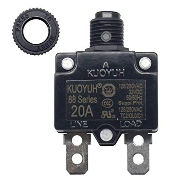 KUOYUH 20 Amp 125/250VAC 32/50VDC 88 Series Push-To-Reset Thermal Overload Protector Circuit Breaker