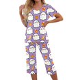 thumbnail image 3 of Women's Halloween Lounge Set Short Sleeve Round Neck Top and Capri Pants with Pockets Ghost Print Breathable Soft Pajama Set Casual Sportswear for Daily Wear Purple Pink 2XL, 3 of 6