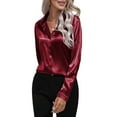 thumbnail image 2 of Satin Blouses for Women Casual Long Sleeve Button Down Shirts Dressy Business Work Tunic Top Wine Red XL, 2 of 9