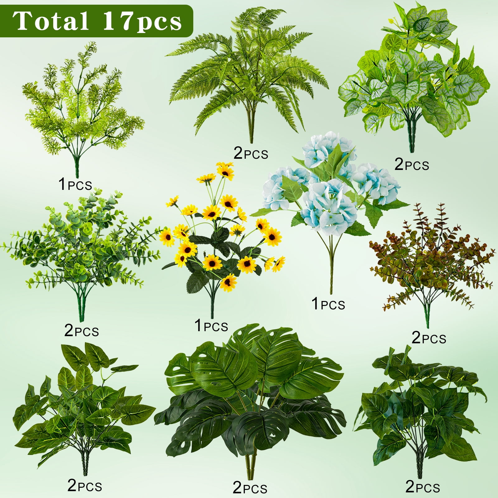 17 Bundles Outdoor Artificial Plants UV Resistant Fake Greenery Stems Faux Shrubs Plastic Plant for Outdoor Planter Porch Patio Garden Window Box Home Decor