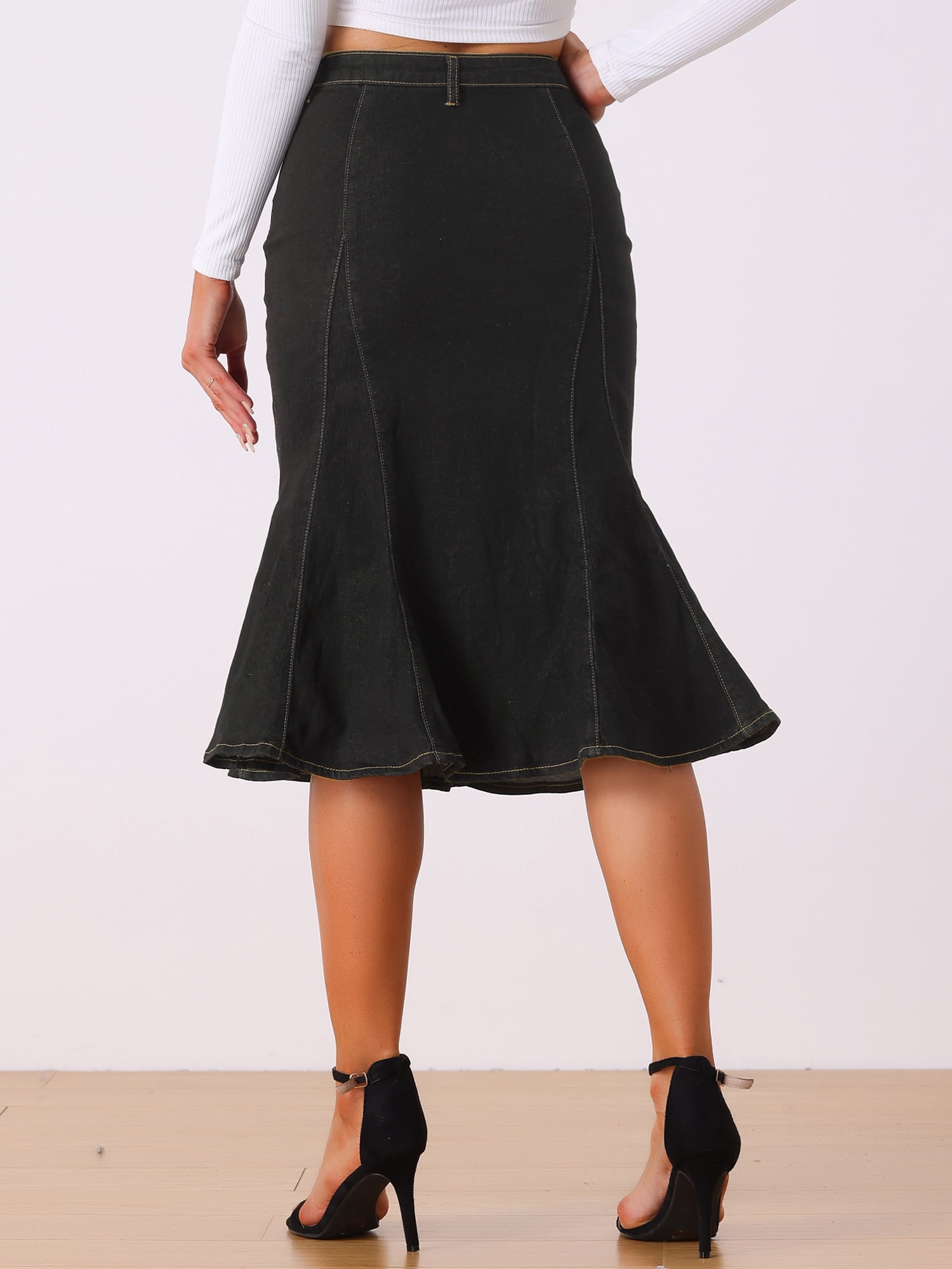 DARING DIVA Women's Denim High Waist Ruffle Fishtail Bodycon Midi Skirts S Black
