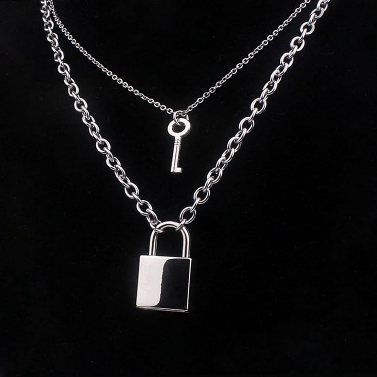 AkoaDa Fashion Key Padlock Pendant Necklace For Women Men Silver Colour Lock  Necklace Layered Chain On The Neck With Lock Punk Jewelry 