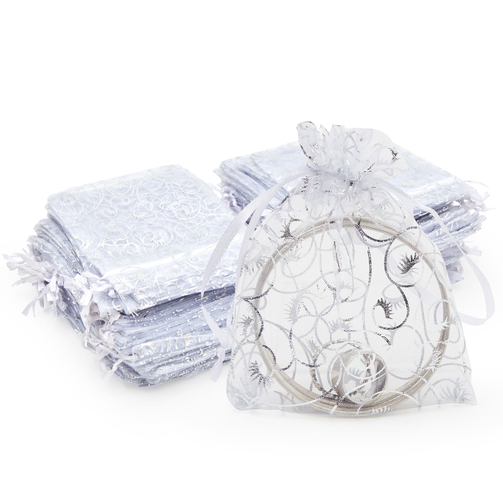 Juvale 120 pcs 3.5'x4.75' Organza Gift Bags Silver Foil Drawstring Pouches with Eyelash Design