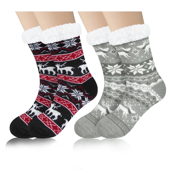 Loritta Women's Fuzzy Slipper Socks Winter Cozy Warm Thick Socks with Non-Slip Grippers, 2 Pairs