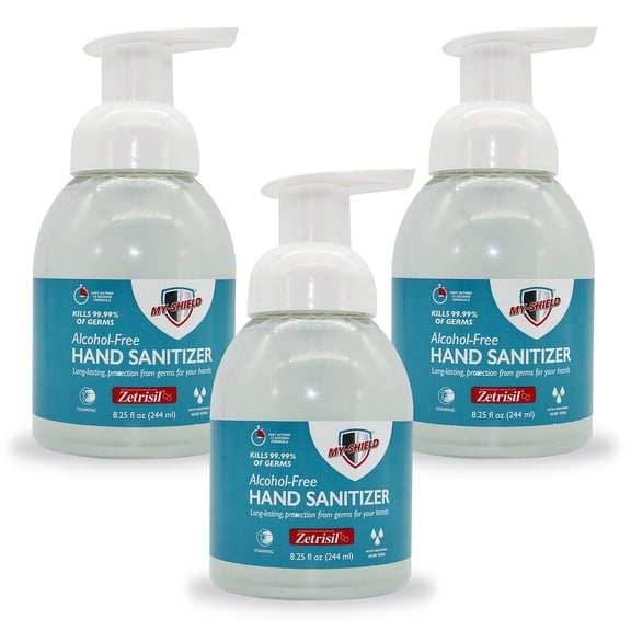 My-Shield Hand Sanitizer Foam 8.25 oz (3 pack). Long-lasting protection. Softens hands with Aloe Vera. Formulated with Zetrisil. Alcohol FREE. (E-1005-05-X3)