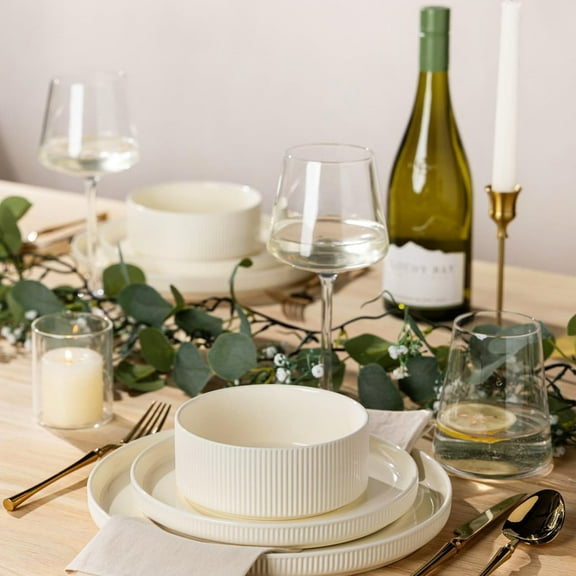 Ceramic Dinnerware Sets for 4, 12 Pieces Porcelain Lightweight Plates and Bowls Sets, Scratch Resistant Dish Set, Oven & Microwave & Dishwasher Safe, Beige