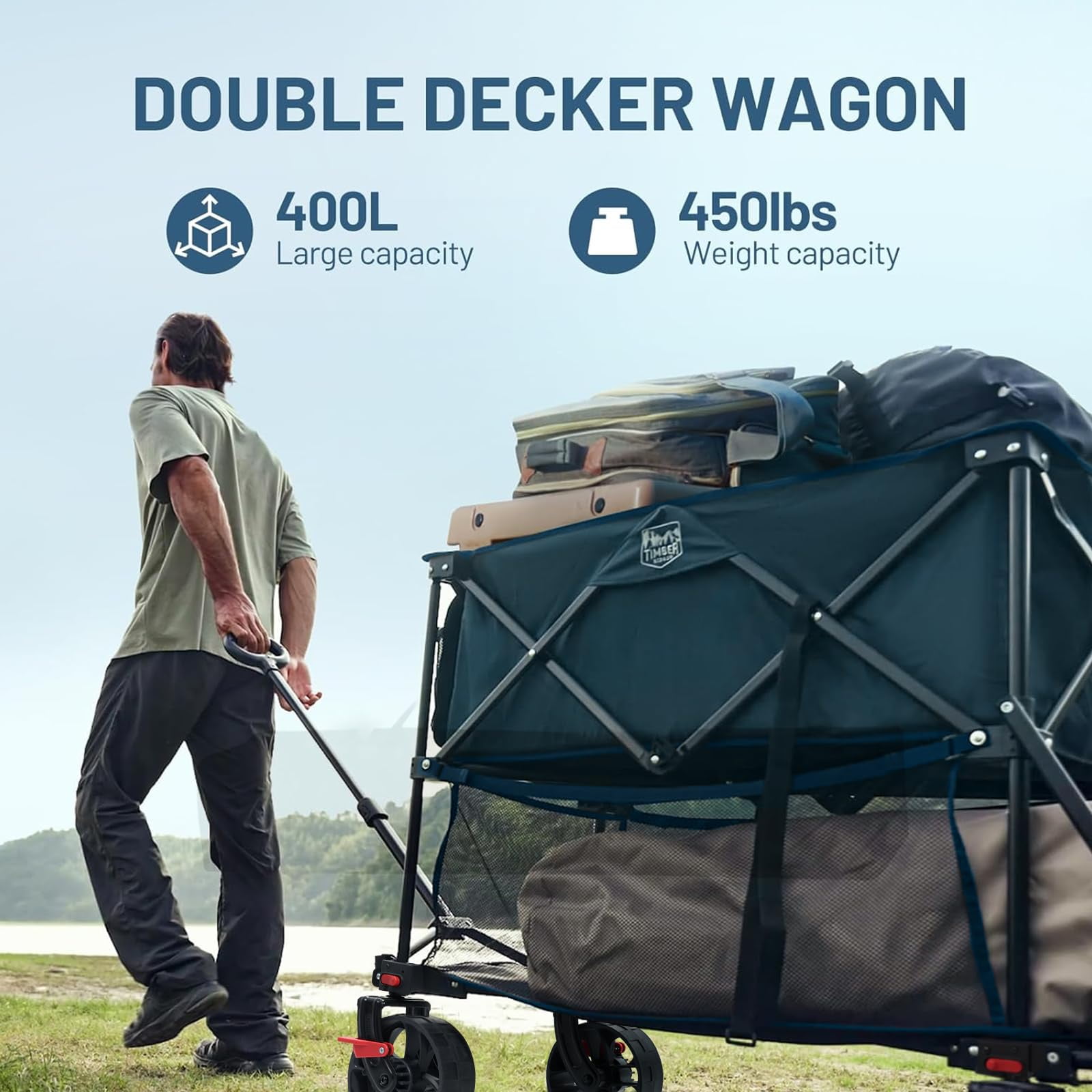 Timber Ridge 400L Large Capacity Folding Double Decker Wagon with Brakes, 54" Extra Long Extender Wagon Cart for Camping, Sports, Shopping