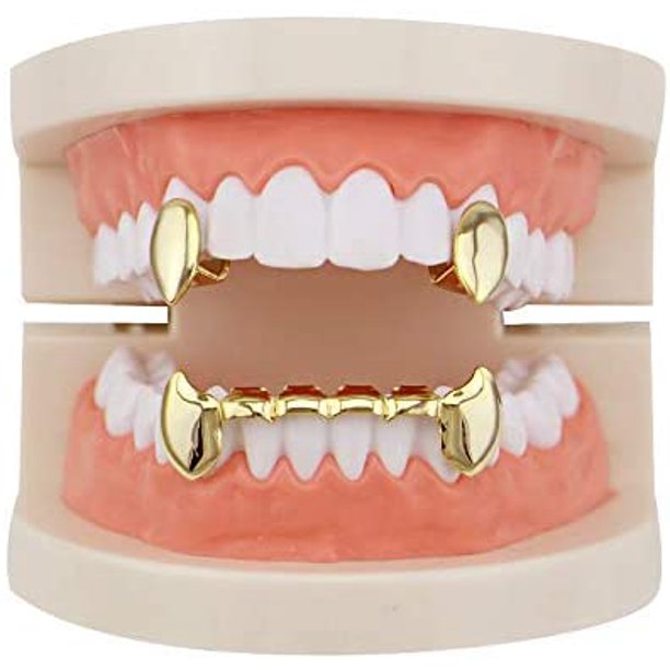 18k Gold Plated Grillz Vampire Dracula Teeth Grillz 2pc Single Fangs